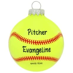 Personalized Yellow Softball Stitches Glass Ornament