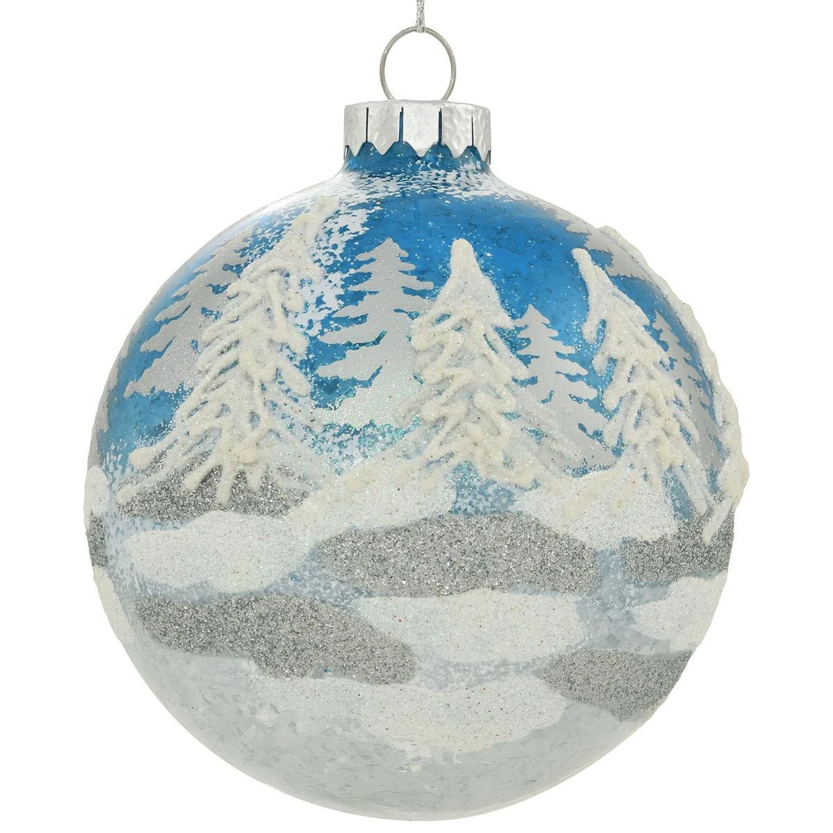 Trees, White, Silver, Blue 4" Glass Ornament 3 Trees, White, Silver, Blue 4" Glass Ornament