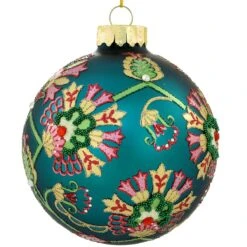 Pink Flowers On Blue-Green Glass Ornament