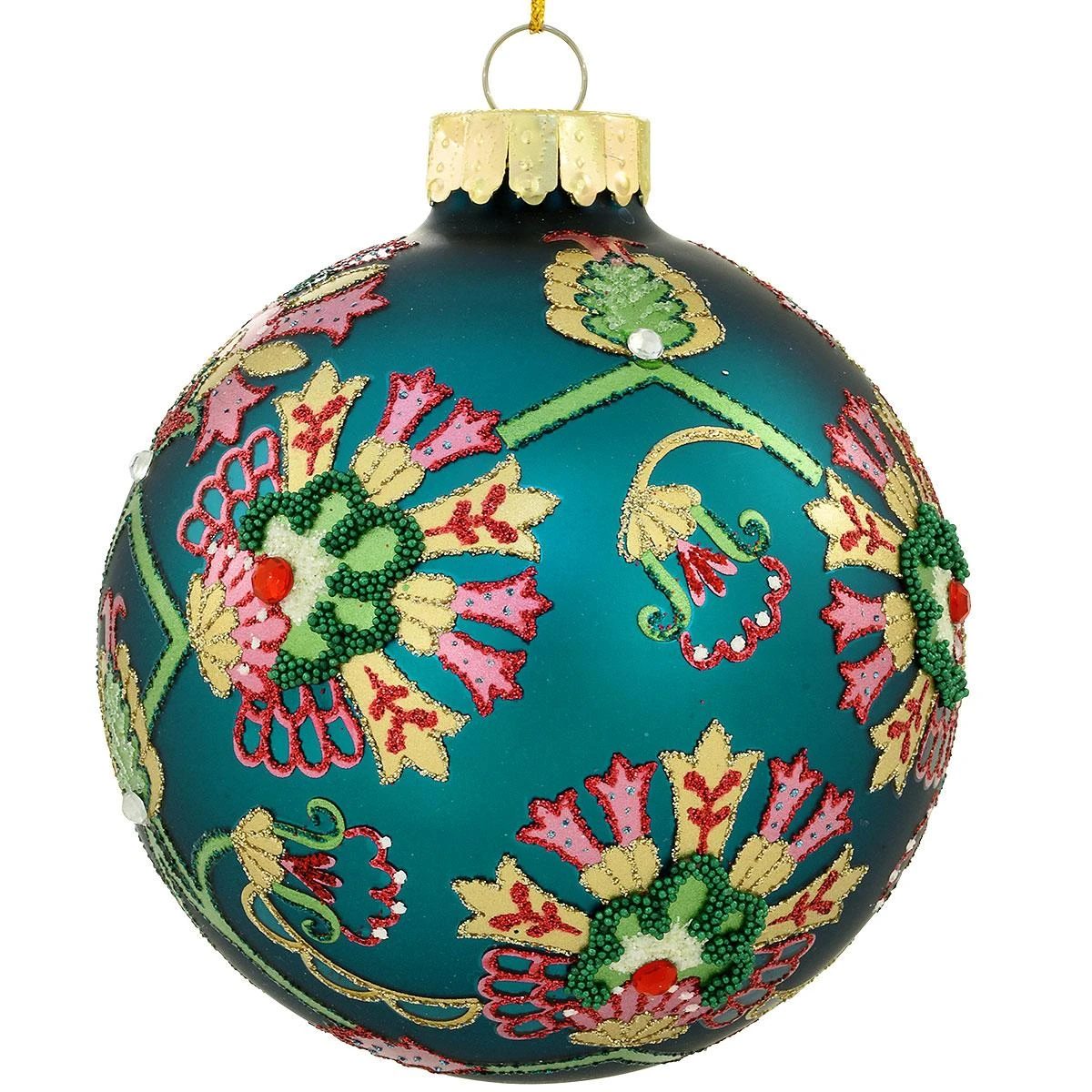 Pink Flowers On Blue-Green Glass Ornament 3 Pink Flowers On Blue-Green Glass Ornament