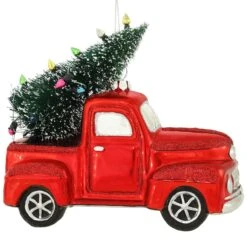 Red Truck With Decorated Tree Glass Ornament