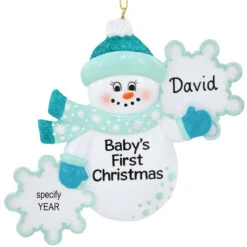 Personalized Blue Snowman With Snowflakes Baby's First Christmas Resin Ornament