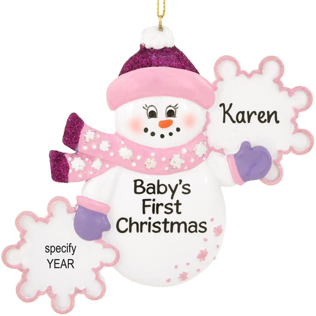 Personalized Pink Snowman With Snowflakes Baby's First Christmas Resin Ornament 3 Personalized Pink Snowman With Snowflakes Baby's First Christmas Resin Ornament