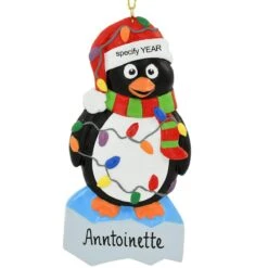 Personalized Penguin Wrapped In Lights Resin Ornament