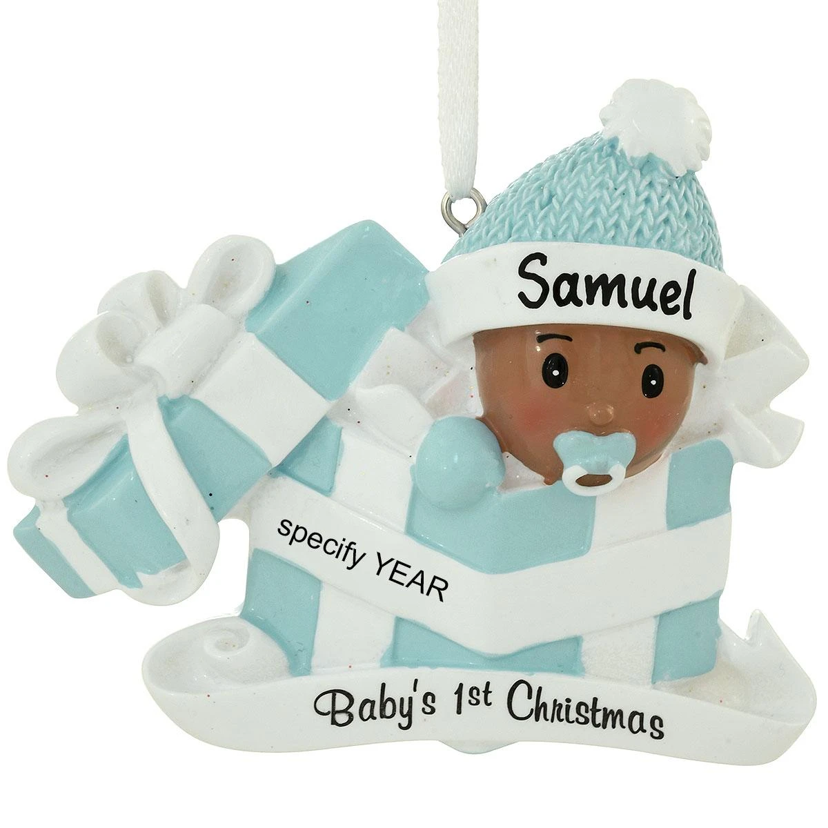 Personalized African American Baby Boy In Blue Gift Box Ornament 3 Personalized African American Baby Boy In Blue Gift Box Ornament
