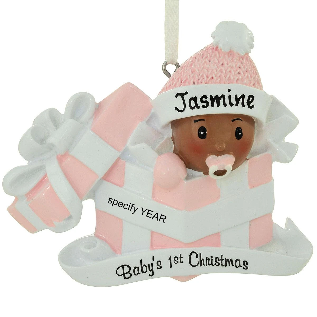 Personalized African American Baby Girl In Pink Gift Box Ornament 3 Personalized African American Baby Girl In Pink Gift Box Ornament