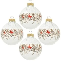 Set Of 4 Clear Glass Ornaments With Branches And Cardinals