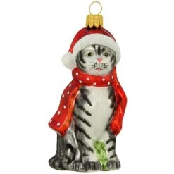 Cat Grey With Santa Hat 3.5 Inch Glass Ornament