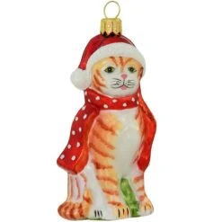 Cat Brown With Santa Hat 3.5 Inch Glass Ornament