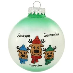Personalized Reindeer Parent With 2 Kids Glass Ornament