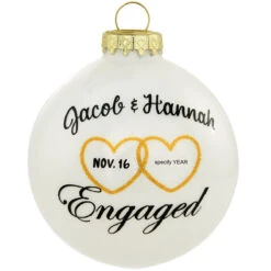 Personalized Engaged With Hearts White Opal Glass Ornament