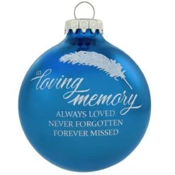 In Loving Memory With Feather Blue Glass Ornament