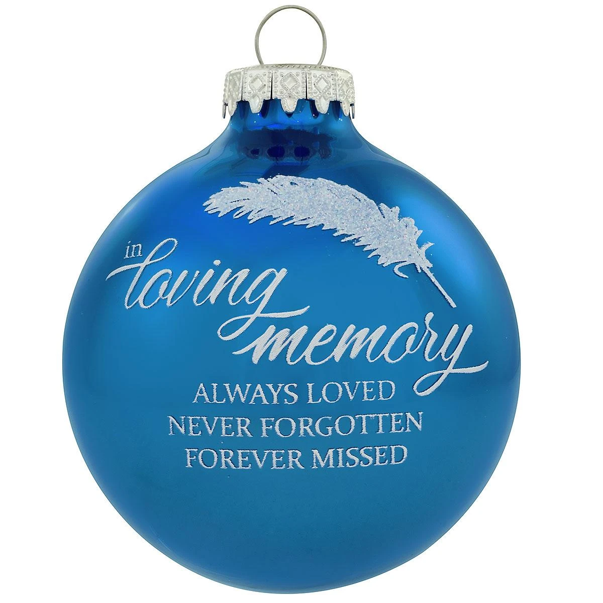 In Loving Memory With Feather Blue Glass Ornament 3 In Loving Memory With Feather Blue Glass Ornament