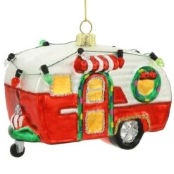 Red And Silver Camper With Christmas Lights Glass Ornament