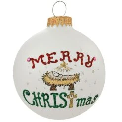 Merry Christmas With Manger Heart Gifts Glass Ornament
