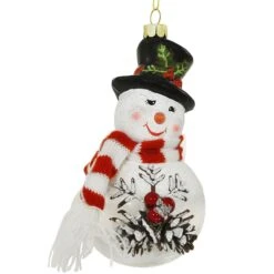 Snowman With Snowflake And Pinecones Glass Ornament