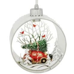 Car With Christmas Tree LED Ornament In 4 Inch Glass Ring