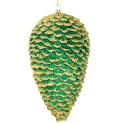 9 Inch Green Plastic Pinecone With Gold Glitter