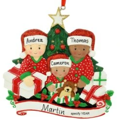 Personalized Biracial Family Of 3 Opening Gifts Resin Ornament