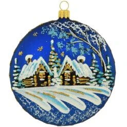 Round Medallion Sapphire Blue With Cabin Scene 4" Glass Ornament