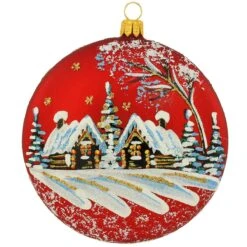 Round Red Medallion With Cabin Scene 4 Inch Glass Ornament