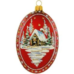 Oval Red Medallion With Cabin 4 Inch Glass Ornament
