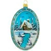 Oval Aqua Blue Medallion With Cabin 4 Inch Glass Ornament