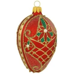 Egg Red Matte With Gold Designs 3.75 Inch Glass Ornament