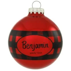 Personalized Plaid Red And Black 3 Inch Glass Ornament