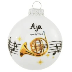Personalized French Horn With Music Staff White Opal Glass Ornament