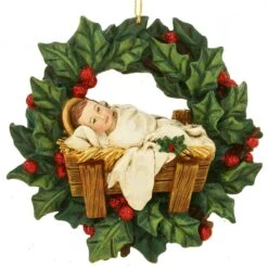 Baby Jesus In Holly Boughs Resin Ornament