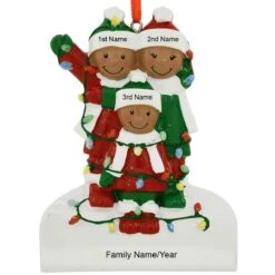 Personalized African American Family Of 3 Tangled In Lights Resin Ornament