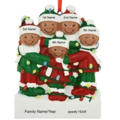 Personalized African American Family Of 5 Tangled In Lights Resin Ornament