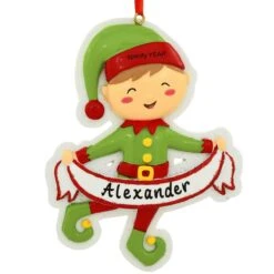 Personalized Boy Elf With Banner Resin Ornament