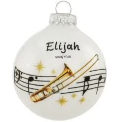 Personalized Trombone With Music Staff Glass Ornament
