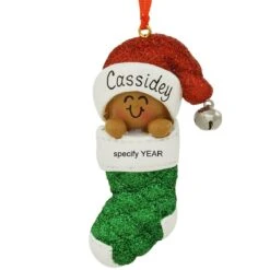 Personalized African American Baby In Green Stocking Resin Ornament