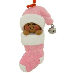 Personalized African American Baby In Stocking Pink Resin Ornament -Holiday Decoration Store 1260301 web 2