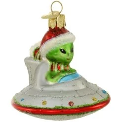 Christmas UFO Space Alien Glass Ornament