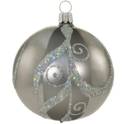 Shiny Grey Holo-Leaf Round Glass Ornament