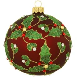 Holly Leaves On Burgundy 3.75 Inch Glass Ornament