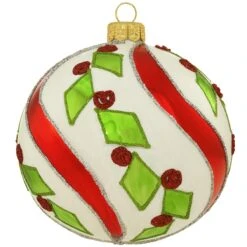 White And Red With Geometric Holly Stripe Glass Ornament