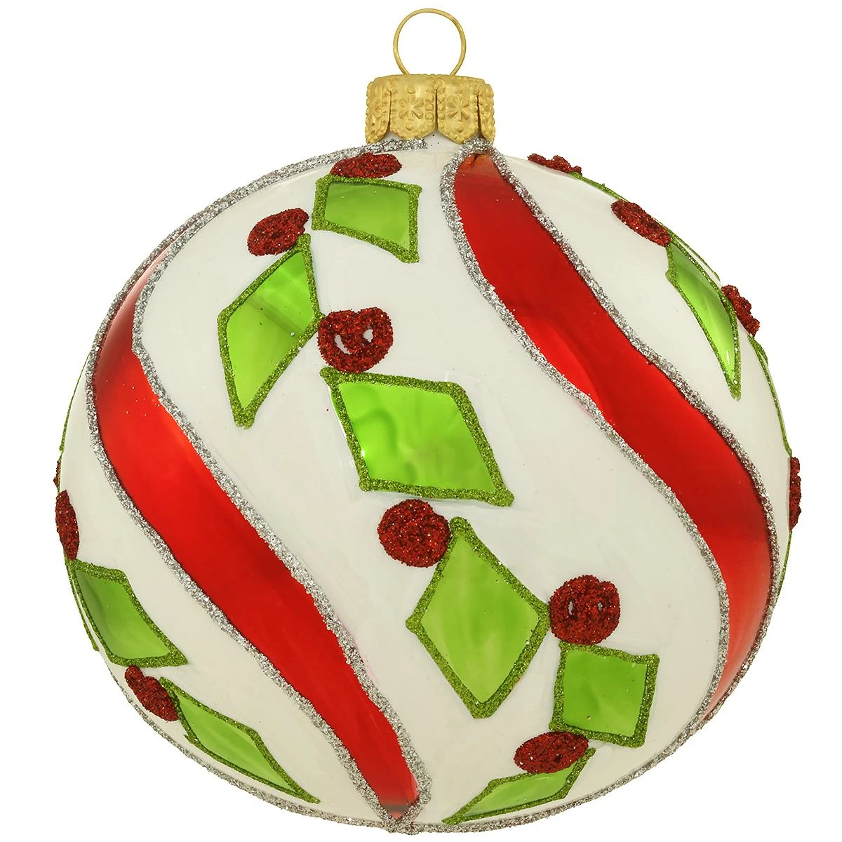 White And Red With Geometric Holly Stripe Glass Ornament 3 White And Red With Geometric Holly Stripe Glass Ornament