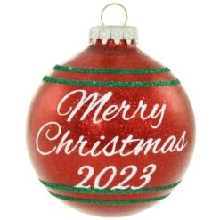 Merry Christmas 2023 Red Sparkle Glass Ornament