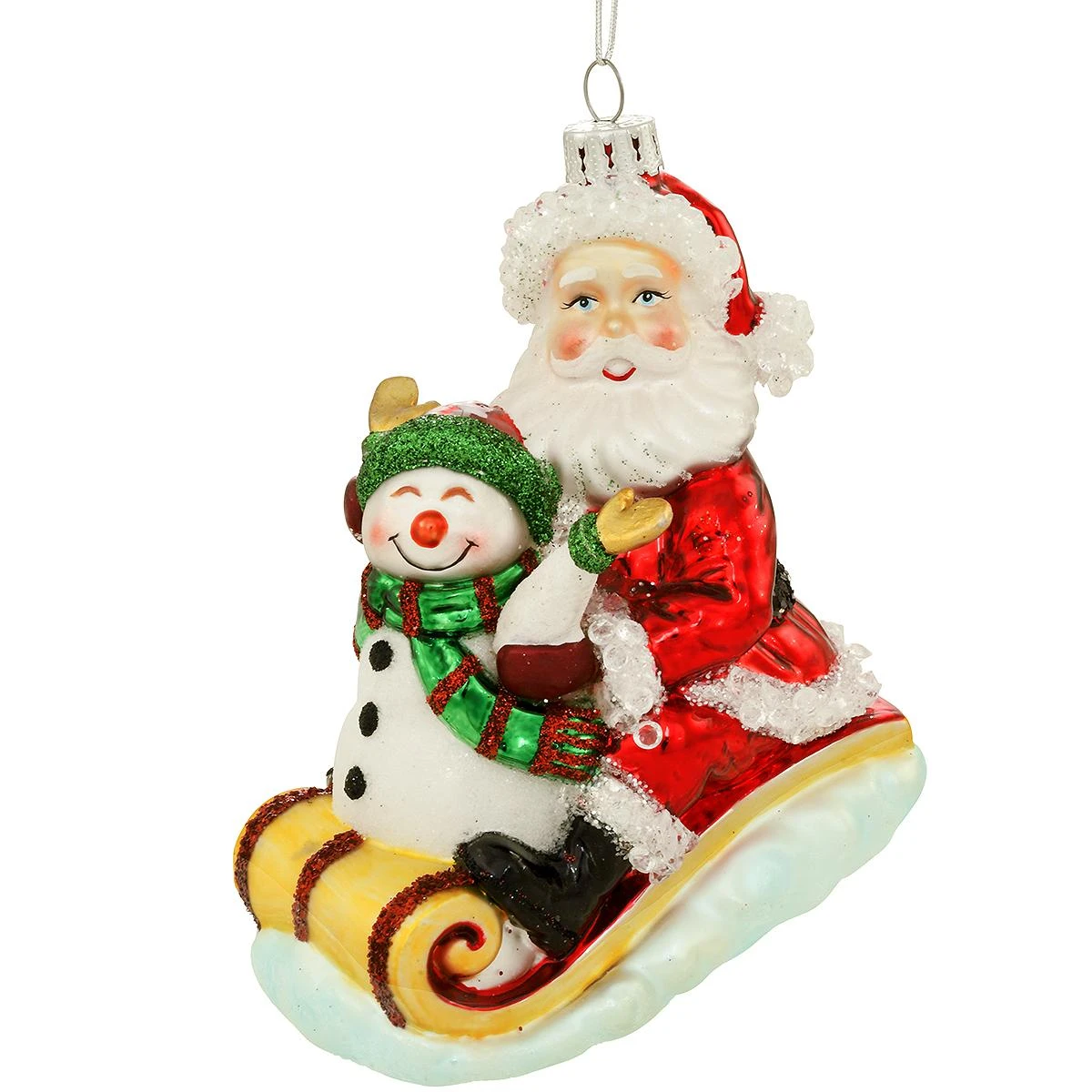Santa With Snowman On Sled Glass Ornament 3 Santa With Snowman On Sled Glass Ornament