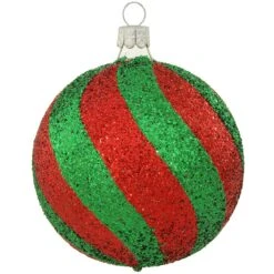 Red And Green Glitter Striped Glass Ornament