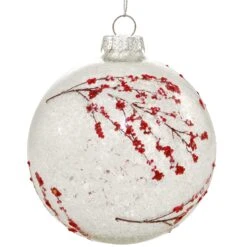 White With Red Blossoms 4 Inch Clear Glass Ornament