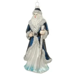 Blue Santa With Silver Glitter Glass Ornament