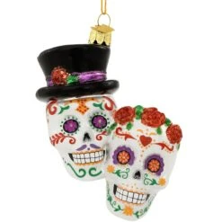 Day Of Dead Couple Skulls Glass Ornament