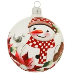 Snowman And Poinsettias Glass Ornament