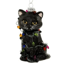 Cat Black Wrapped In Lights Glass Ornament